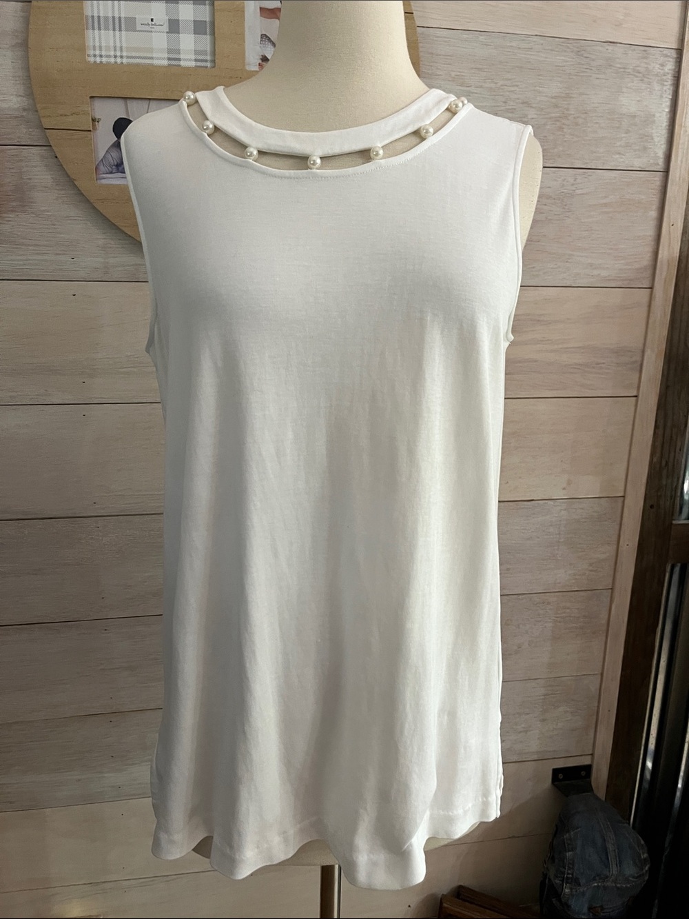 Joan Vass White Pearl-Trim Sleeveless Tank L
